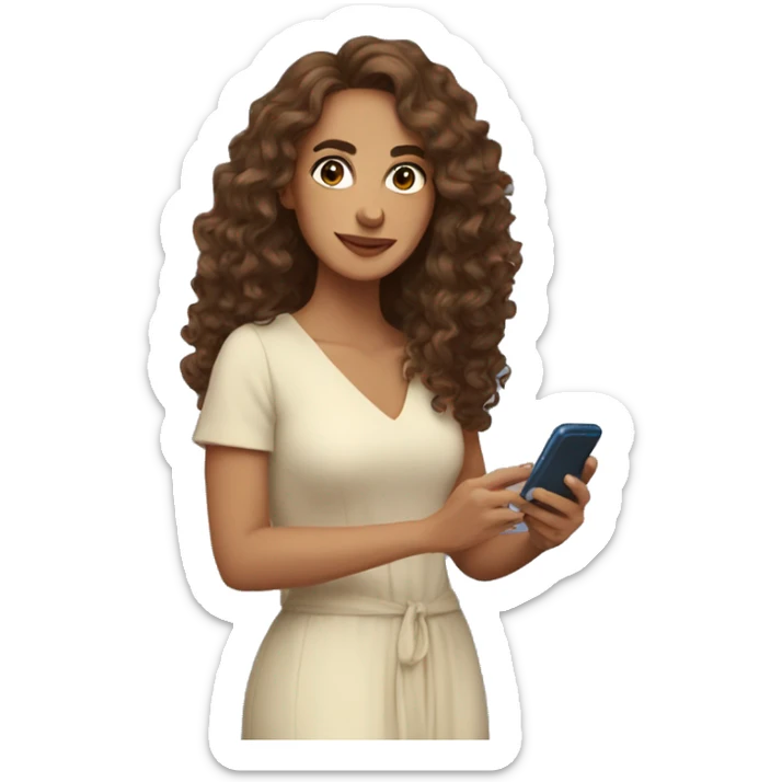 Spain woman content creator with long curly brown hair in blue dress and with smartphone  sticker