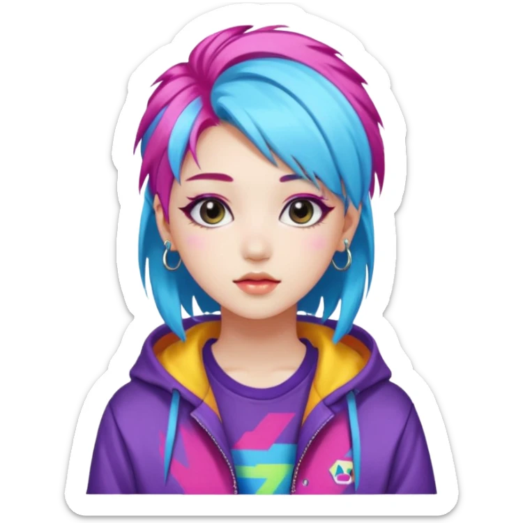 portrait of young woman idol in Kpop style, wearing flashy streetwear outfit, colorful dyed hair sticker
