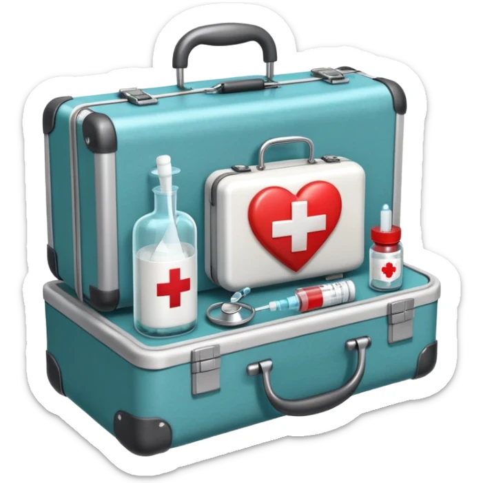 An icon featuring a medical suitcase with a red cross, a bottle of pills, a stethoscope, and a syringe, symbolizing medicine. The design includes a thermometer, bandages, and a heart monitor, representing healthcare and medical treatment. Transparent background highlights the science of healing. sticker