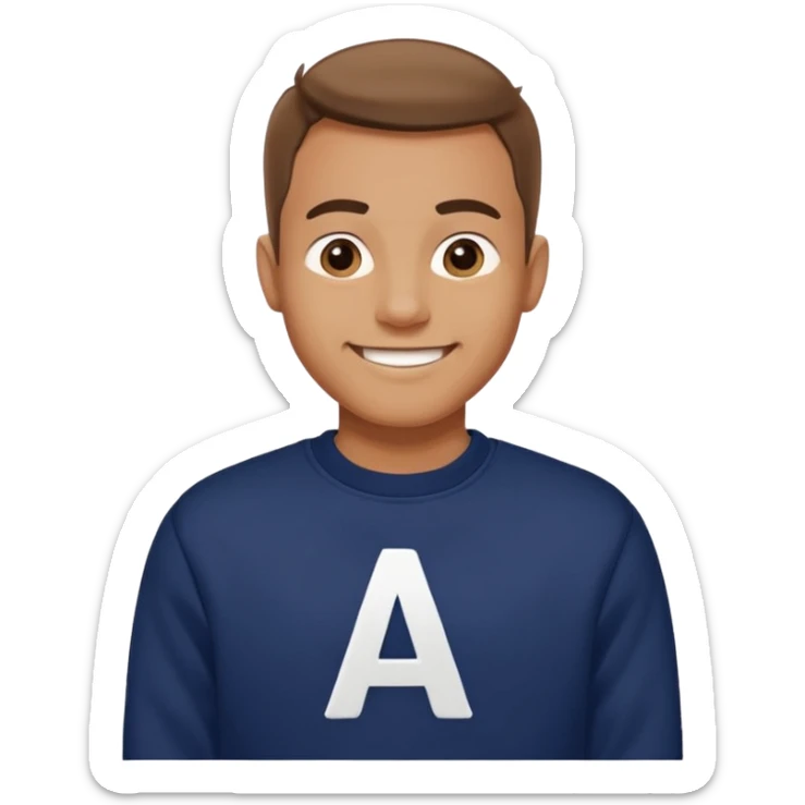 man wearing a navy sweatshirt with a giant white letter A on the upper right of the chest sticker