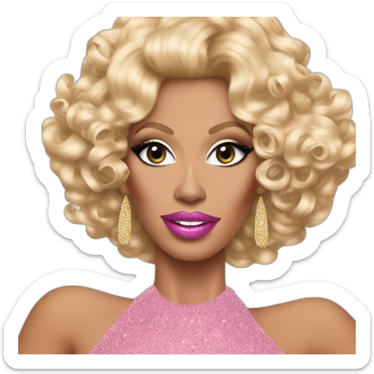 Drag queen Rupaul, curly blonde hair styled swept to the right. pink sequin dress, standing with left hand on hip, right hand raised in the air. Iconic, legendary sticker