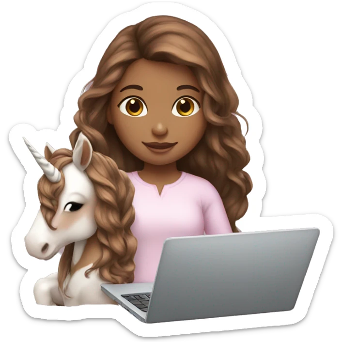 Brown hair girl holding a unicorn and a laptop sticker