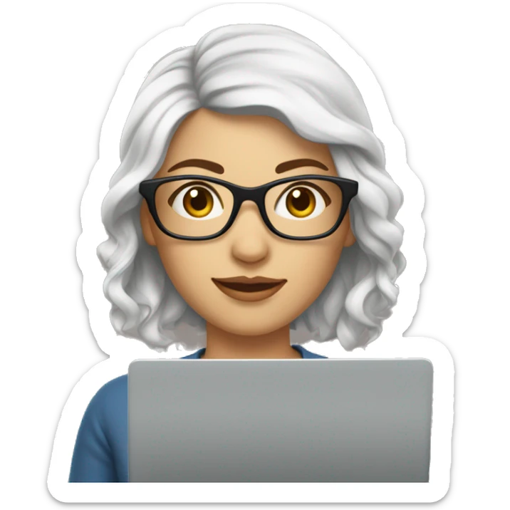 woman with white skin medium length wavy brown hair  wearing square glasses and using a laptop sticker