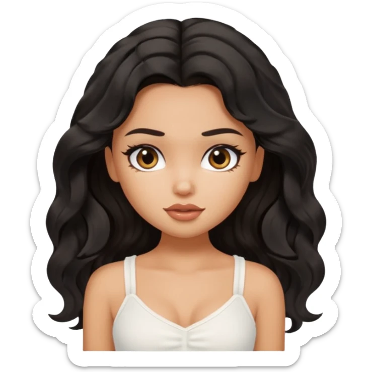 a pretty bratz tan girl with wavy black hair wearing a white cami top. Skintone is tan sticker