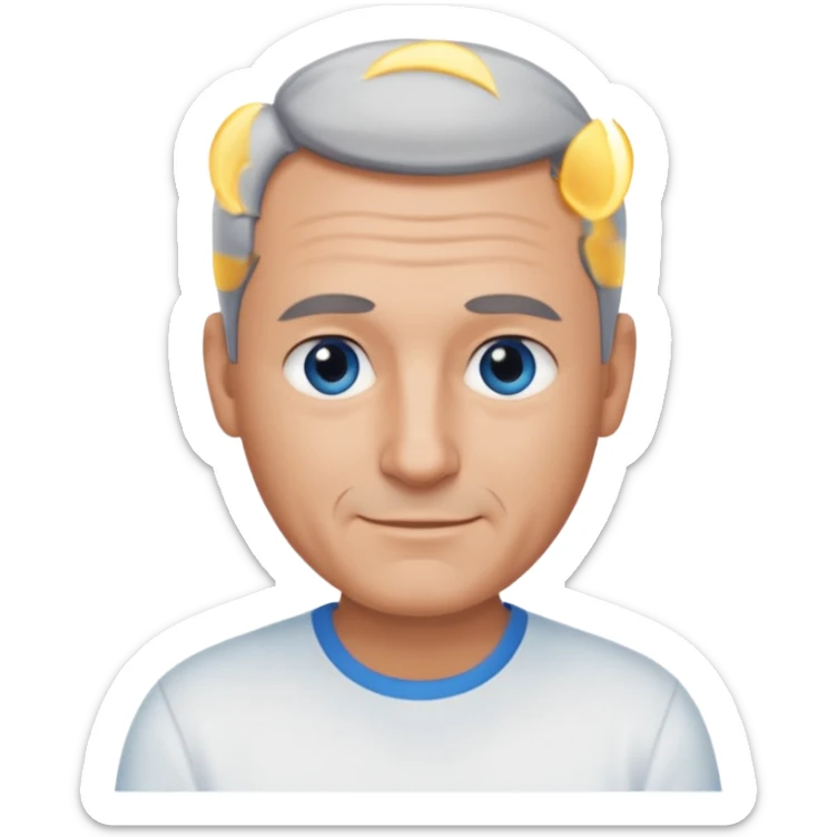 Middle aged man with tanned skin, little black to grey hair, receding hairline and no beard, blue eyes, shy smile sticker