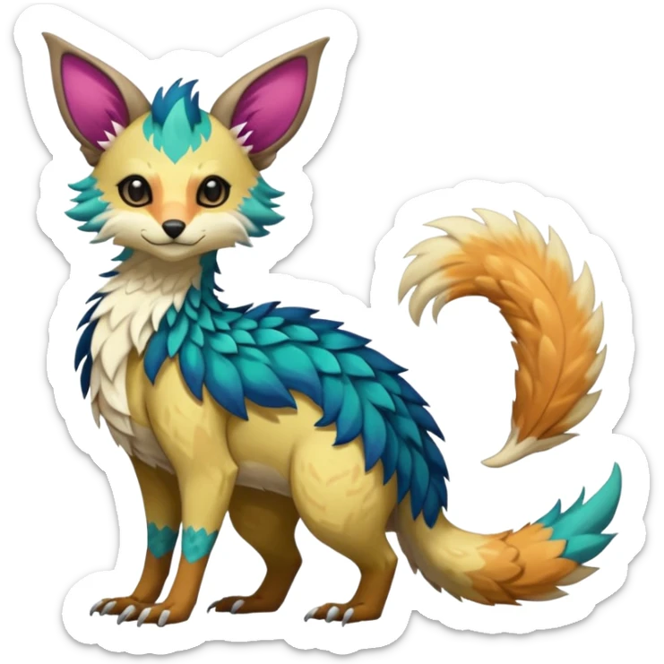 Feral Rare Fantasy colorful vibrant Vernid-Trico-species-Fakemon-creature by LiLaiRa, random markings, tufted tail, tufted ears, full body sticker