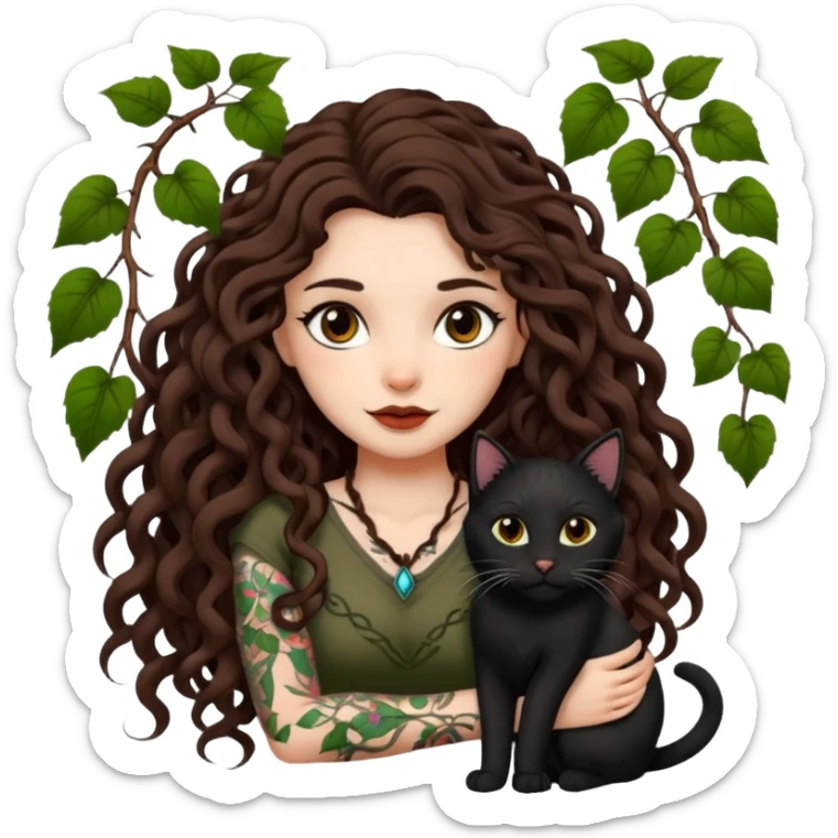 woman with long curly brown hair, brown eyes, white skin, tattoos, black cat tangled in living vines sticker