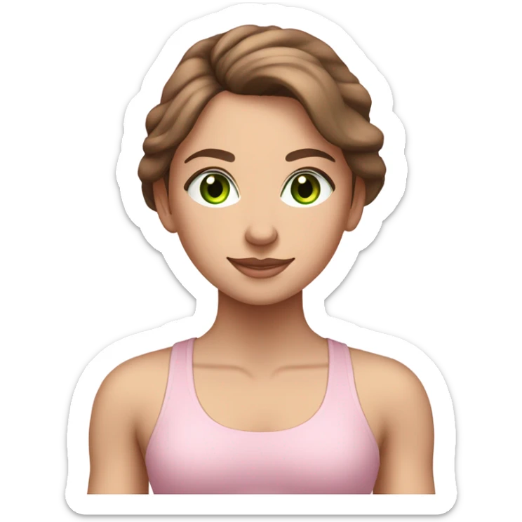 White girl with brown hair and green eyes in light pink workout set on yoga mat sticker