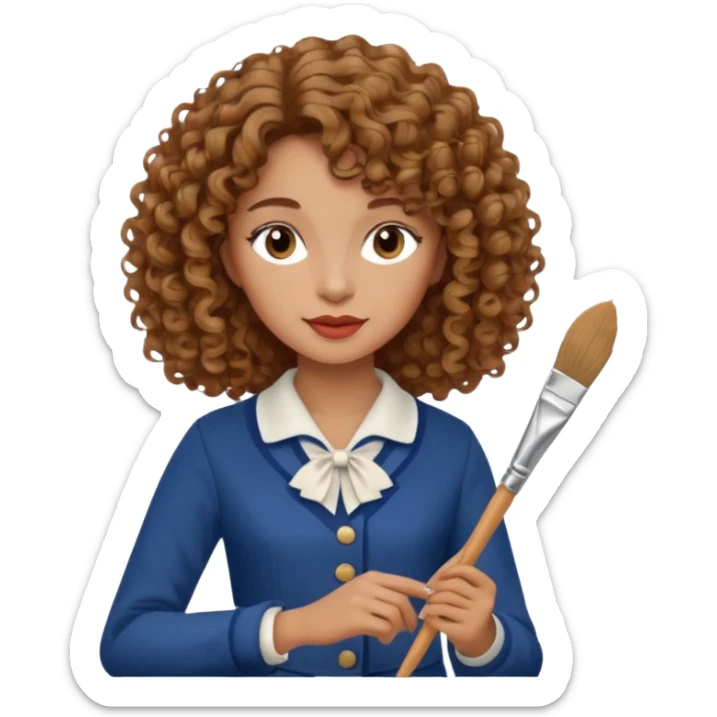 Woman with curly hair and tan/light brown skin dressed in French Parisian outfit holding a paintbrush.  sticker