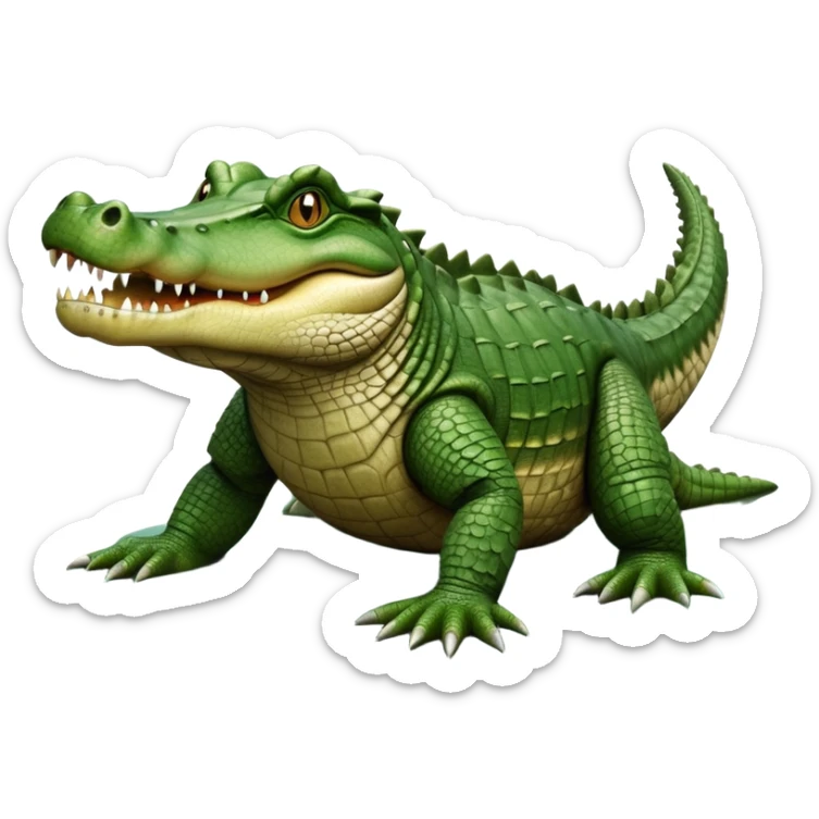 cinematic-crocodile-realistic-full-body-on all fours-emoji,-massive-scaled-body-partially-submerged-in-shallow-water,-head-tilted-dramatically,-rough-green-and-brown-hide-textured-with-deep-ridges,-simplified-yet-realistic-focused-features, head held high sticker