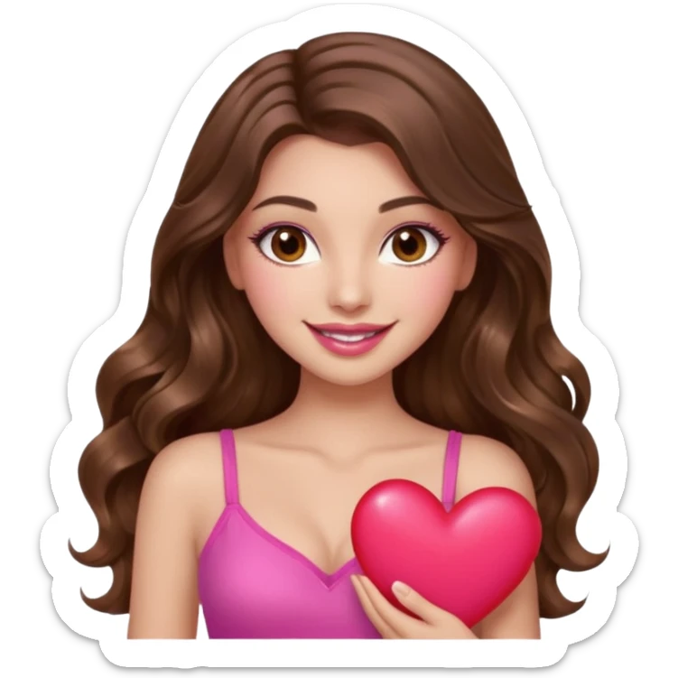 girl with long wavy brown hair, brown eyes, long lashes makeup, sexy pink lips, light to medium complexion, wearing a pink sexy top, smiling, holding a big heart sticker