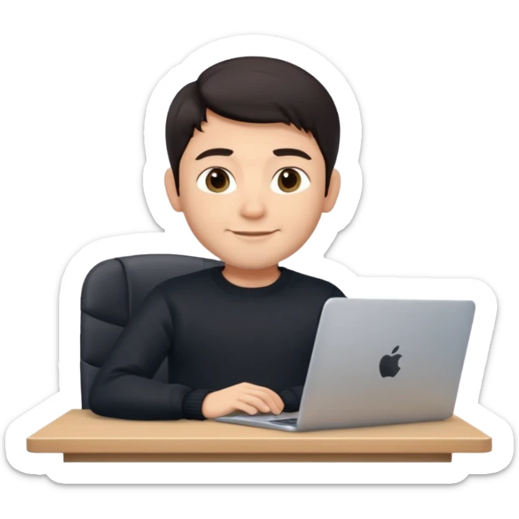 memoji of a man with a laptop in front, apple-style, modern, dark hair, black sweater, Indian fair skin, small cute smile, sitting at his desk, light blue gradient background sticker