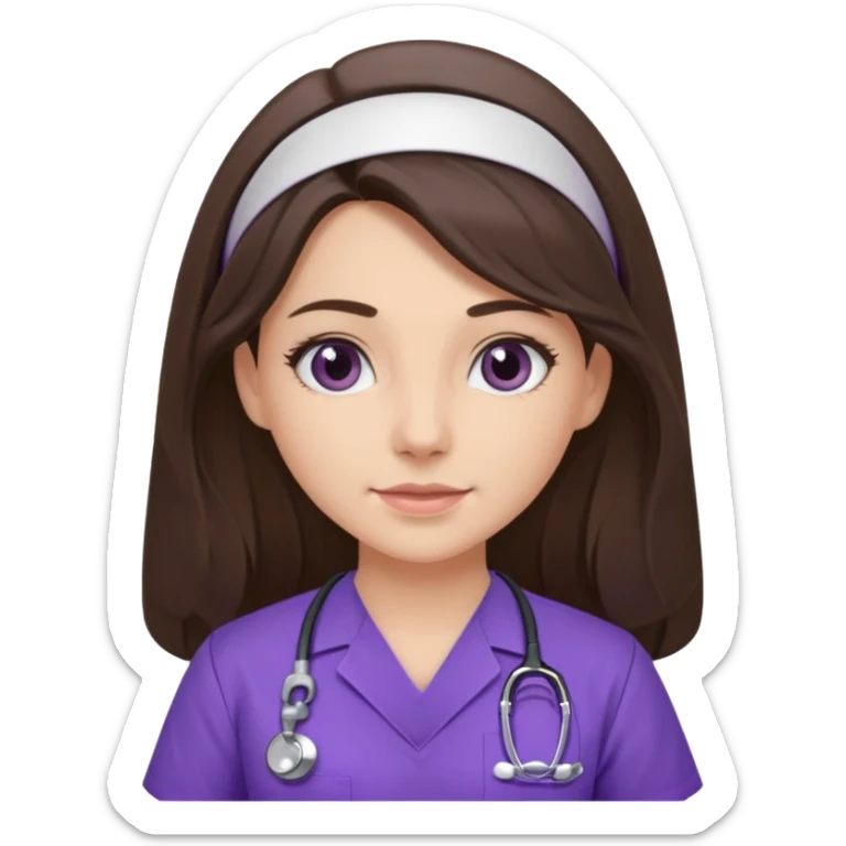 pretty brunette nurse with long hair in purple scrubs sticker
