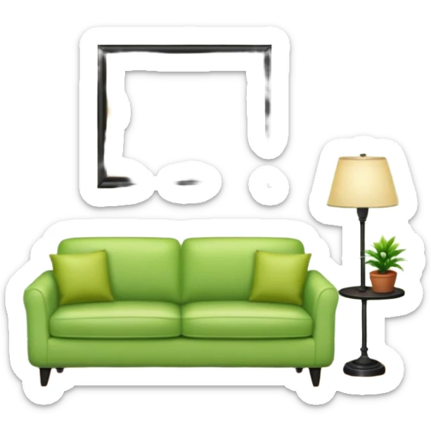 living room in ios emoji style

no TV, and make the couch a light green color

there is a lamp on one side and one plant on the other side. and no picture frame

there is a light colored rug sticker