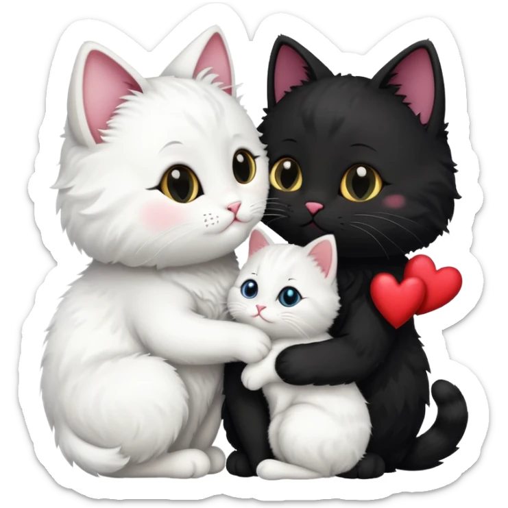 Black cat is bigger and he is kissing a white cat with hearts  sticker
