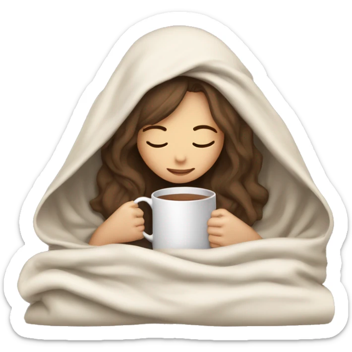 girl inside a blanket sipping mug eyes closed - brown hair white skin sticker