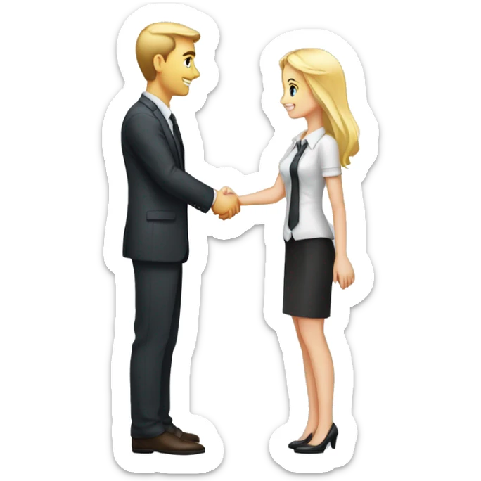 A 40-year-old fair-skinned businessman shakes hands with an 18-year-old fair-skinned blonde girl, full-length emoji sticker
