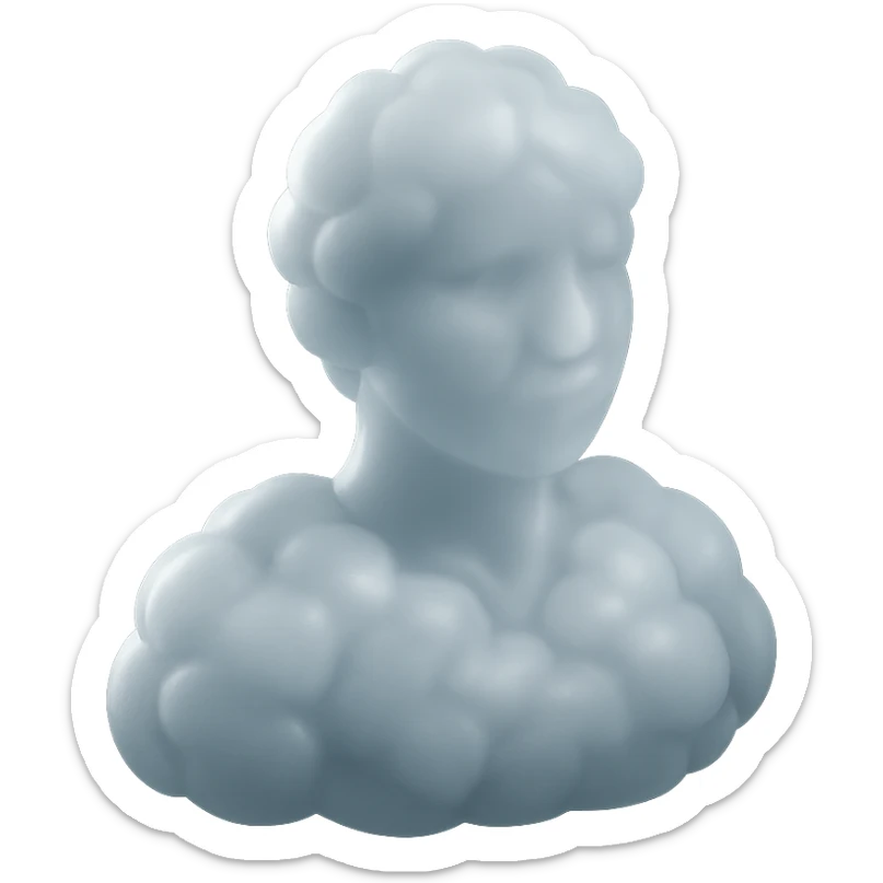 person looking straight, fully made of white fluffy convex clouds, shoulders visible, matte glass style sticker