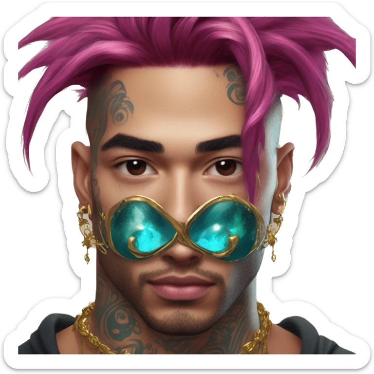 Vintage grunge patina intricate swirls gold jewellery baroque golden sparkle tropical Deep pink maroon burgundy cyan dark hoodie man dyed hair gold piercings nose piercing ear piercings sticker