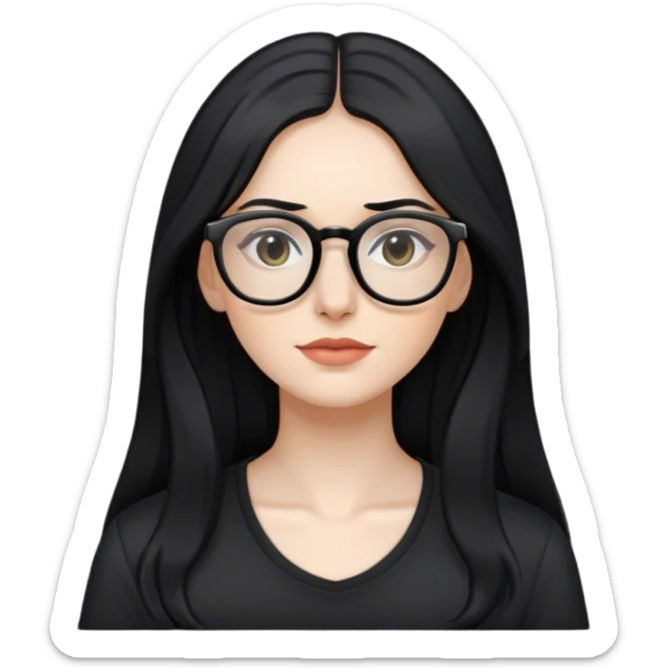 pale woman with long black hair, wearing glasses and black shirt sticker