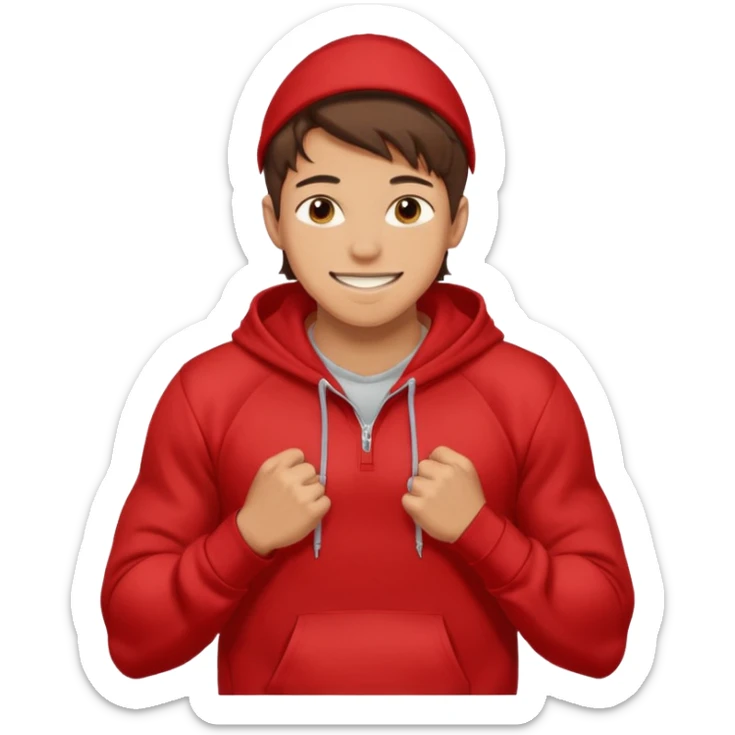 make me an emoji of an americain 19 yearold boy in a red hoodie that says "south" on it and give him with tan skin with his hands in his hands in his pocket grining flexing his muscles sticker
