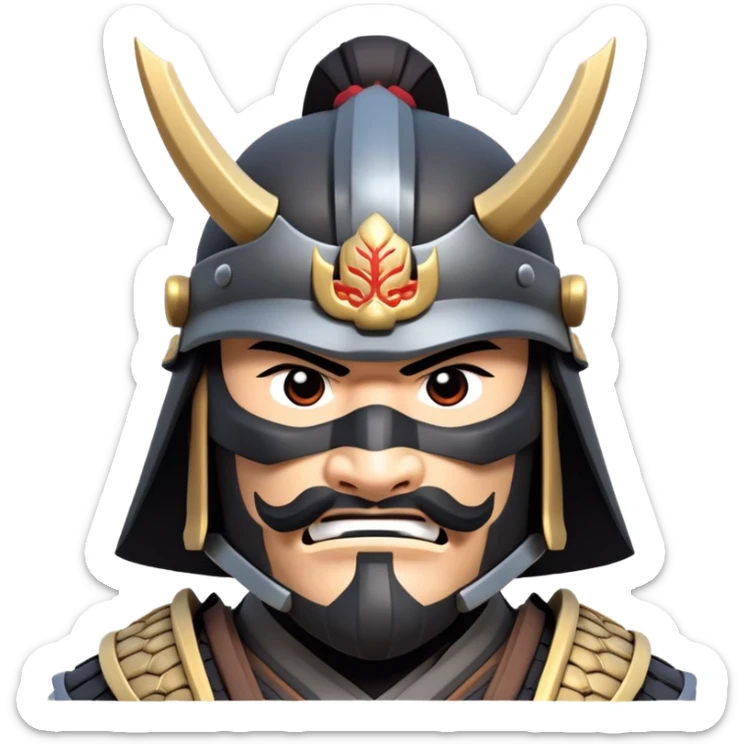 clash-of-clans-aesthetic_-cinematic-fearsome-and-majestic-samurai-bust-portrait-emoji, rendered in a flat, vector-style with minimal shading and bold, simplified shapes typical of emoji art, depicting a battle-hardened samurai with black mask and traditional black Japanese armor. The samurai is riding a noble grey warhorse adorned with an intricately designed saddle and fluttering banners and a rising sun. a samurai on a   horse sticker