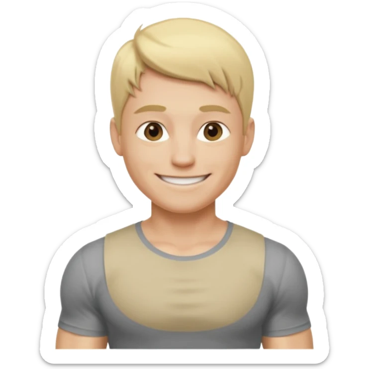 fais le meme blond, tee shirt gris mais musclé et fin qui sourie sticker