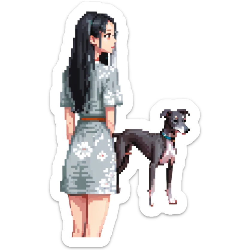 Slim Chinese woman with long black hair in a cute summer outfit with her completely solid grey Italian greyhound looking out a window on a sunny day, the dog has absolutely no white markings anywhere sticker
