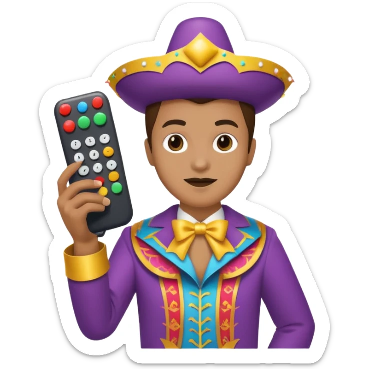 Uma pessoa com um controle remoto de televisão na mão e vestida de fantasia de carnaval sticker