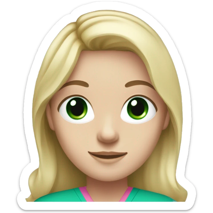 pale blonde girl with long wavy hair and green eyes wearing pink scrubs and stethoscope  sticker