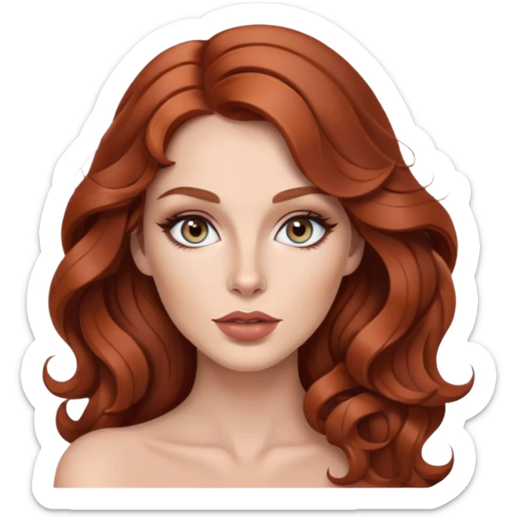 Rousse aux cheveux très très long et ondulé. Yeux gris, make up léger avec contouring prononcé. Nails artist lèvre clair et pulpeuse  sticker