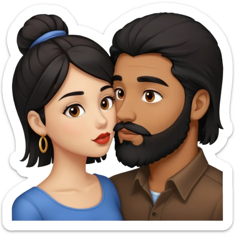 Brown man with brown eyes and beard and full lips and black hair kissing fair girl shorter than him and mid length hair and blackish brown eyes  sticker