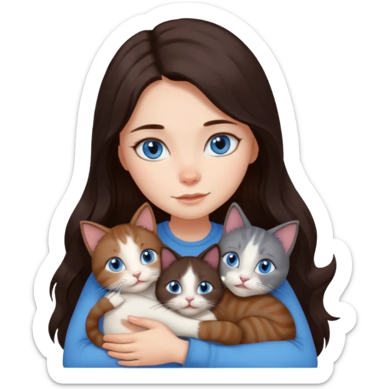 a girl with long dark 
brown hair, with blue eyes, hugs 3 different natural coloured cats sticker