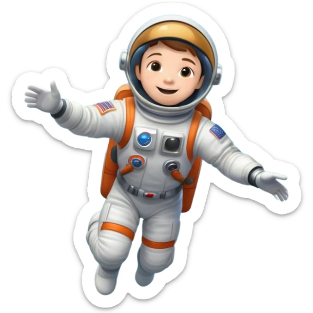 Disney Pixar 3d render of a happy kid astronaut with astronaut white, orange and black suit around beautifull colorfull flowers jumping on green grass dreamy world, low angle camera, blue sky with disney clouds, rule of thirds sticker