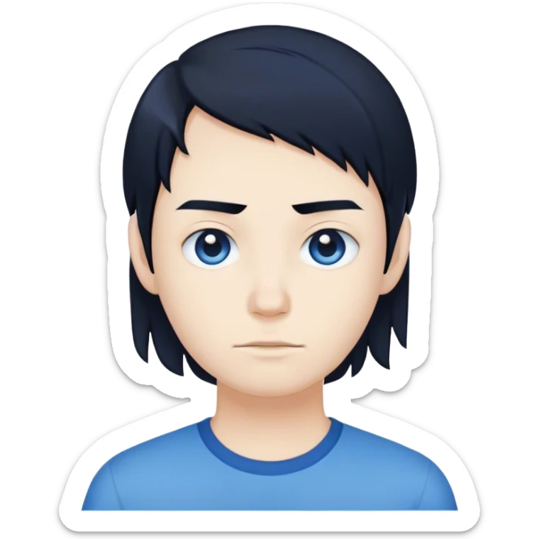 a human with black hair and white skin wearing a blue marice shirt that says Aegisum sticker