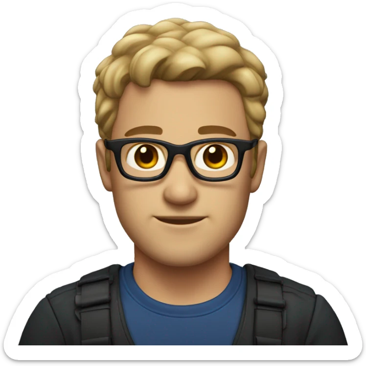 man with dark blonde hair, stubble, with dark brown eyes, black glasses, and dark blue shirt sticker