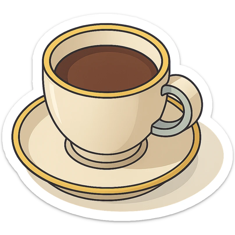 coffee in a cup with a golden rim, isometric view, 2D isometric style, detailed drawing, detailed shadows and highlights, clean contours, soft lighting, transparent background sticker