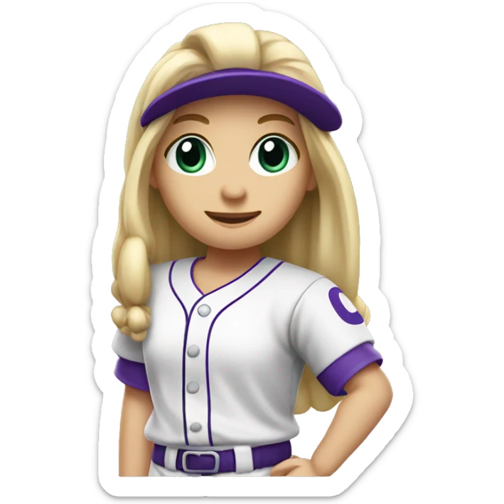 baseball card character. Blonde female long straight hair. letter C logo. Purple and white uniform. sticker