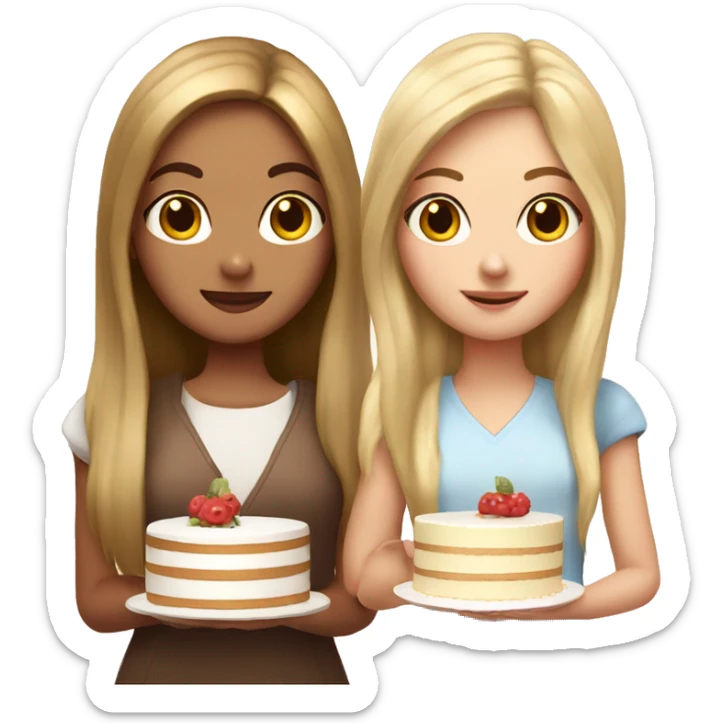 Girl with long blond hair and russian girl with brown straight hair together holding big white cake sticker