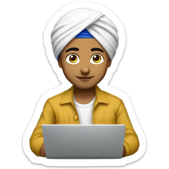 a young sikh boy oimg coding on laptop, Make him wear a Punjabi turban of white color sticker