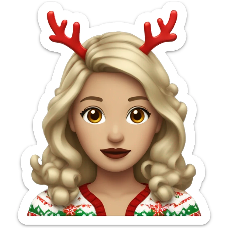 dark blond hairwd girl with christmas sweater and raindeer horns and red lipstick sticker