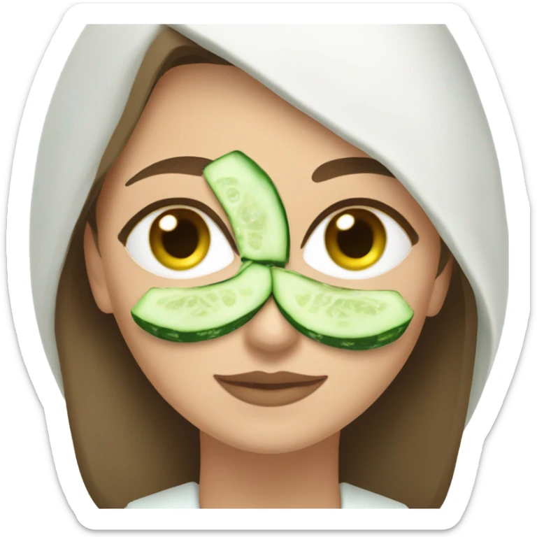 White girl with Brown hair and blue eyes wears a Green colored clay mask and puts on cucumbers around her eyes while She relaxes in her white Robe sticker