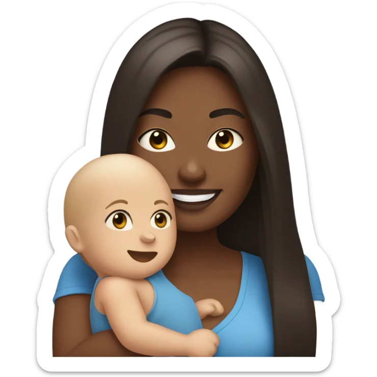 white woman, with straight long mid hair, dark brown hair, blue eyes, round face, uni-lips. holding her baby boy, one year old, brown skin, bit of hair straight brown smiling sticker