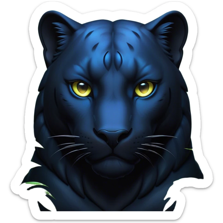 Cinematic Noble Panther Portrait Emoji, Poised and regal, with a sleek, muscular build draped in glossy, midnight-black fur and piercing, luminescent eyes, Simplified yet sharp and sophisticated features, highly detailed, glowing with a soft, mysterious glow, high shine, intelligent and enigmatic, stylized with an air of stealthy authority, focused and commanding, soft glowing outline, capturing the essence of a watchful and confident jungle guardian that appears ready to prowl out of the screen with effortless authority! sticker
