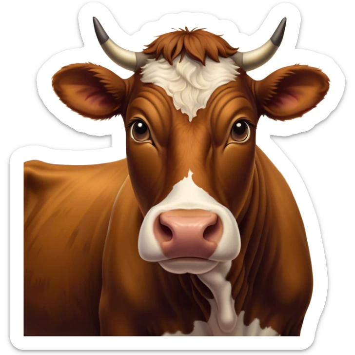 Cinematic Noble Brown Cow Portrait Emoji, Poised and regal, with a large, sturdy build and a smooth, well-groomed deep brown hide, deep-set soulful brown eyes, Simplified yet sharp and sophisticated features, highly detailed, glowing with a soft, dignified glow, high shine, intelligent and calm, stylized with an air of pastoral majesty, focused and attentive, soft glowing outline, capturing the essence of a watchful and confident bovine guardian, so majestic it feels as though it could amble out of the screen with effortless authority! sticker