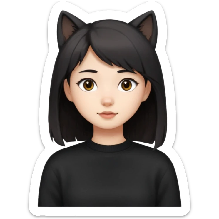 White skin girl, blac wolf cut hair, dark brown eyes, cute Asian face, black sweather sticker