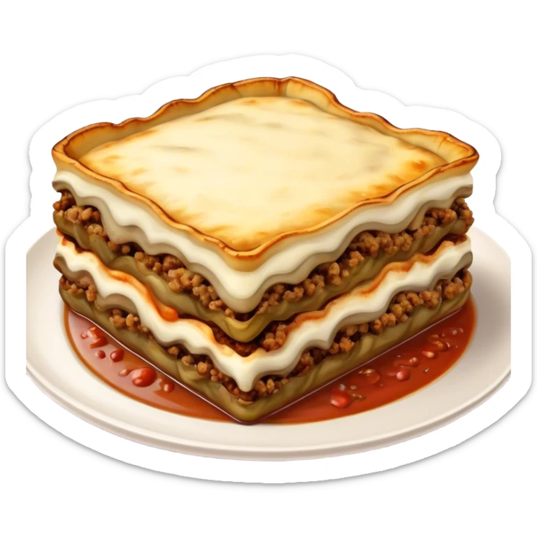 Cinematic Realistic Moussaka Dish Emoji, depicted with layers of eggplant, minced meat, and b√©chamel sauce rendered with rich textures and warm, inviting lighting that captures its Mediterranean flavor. sticker