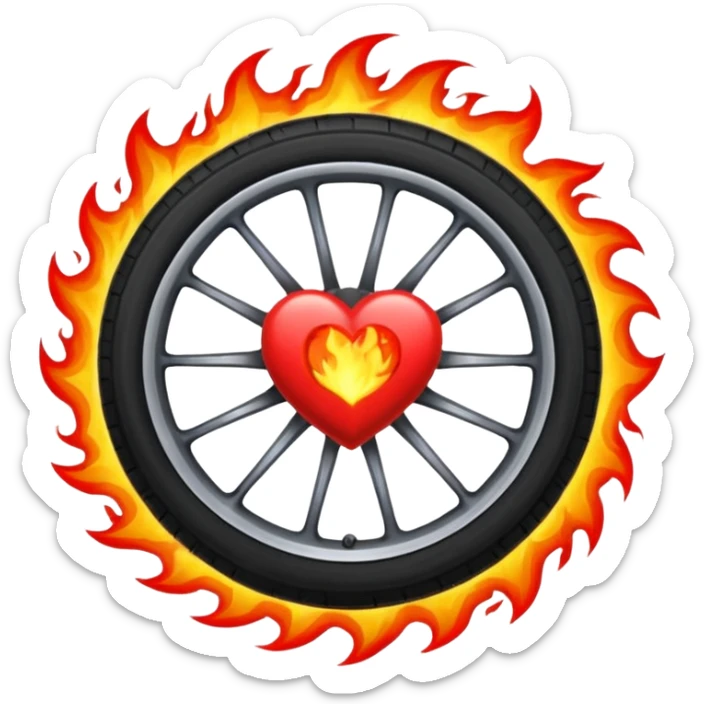 the car wheel is on fire, and in the center of the wheel there is a red fiery heart, high quality sticker