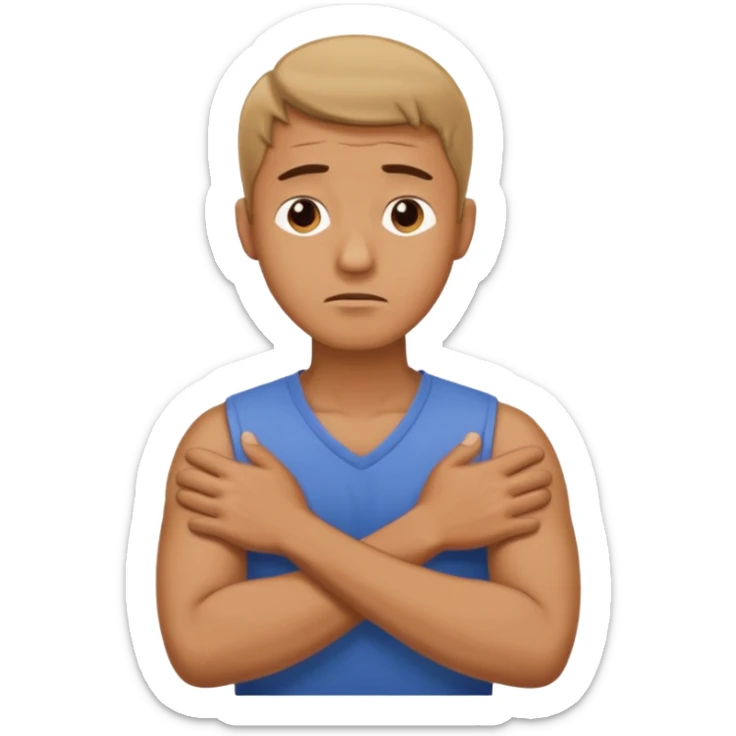 A man looking stressed holding the front of his neck with his arms crossed sticker