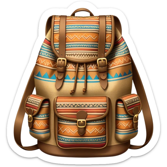 Cinematic Realistic image of a traditional Colombian mochila, rendered with detailed woven textures and vibrant patterns, set against a rustic backdrop with soft, cultural lighting sticker